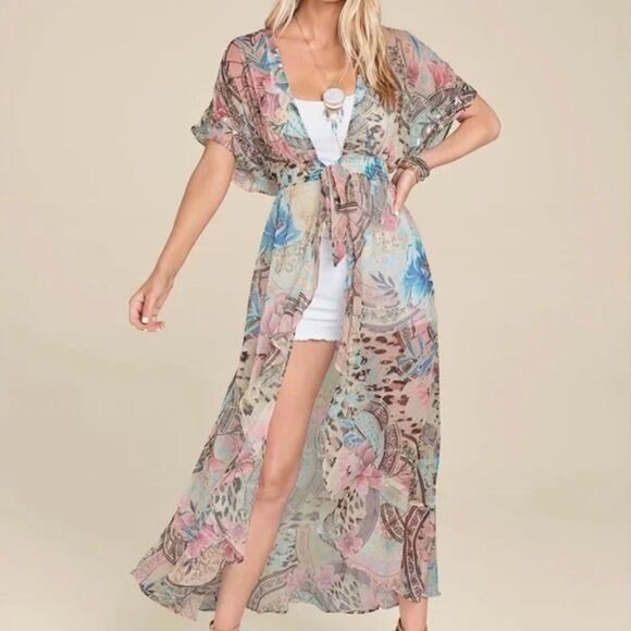Venus Embellished Floral & Paisley Print Sheer Maxi Layering Kimono Coverup XL - Picture 1 of 17